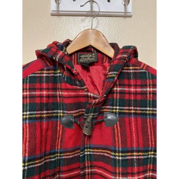 Vintage 90s Eddie Bauer Wool Red Tartan Plaid Long Coat Jacket Toggles Size S - Picture 2 of 16